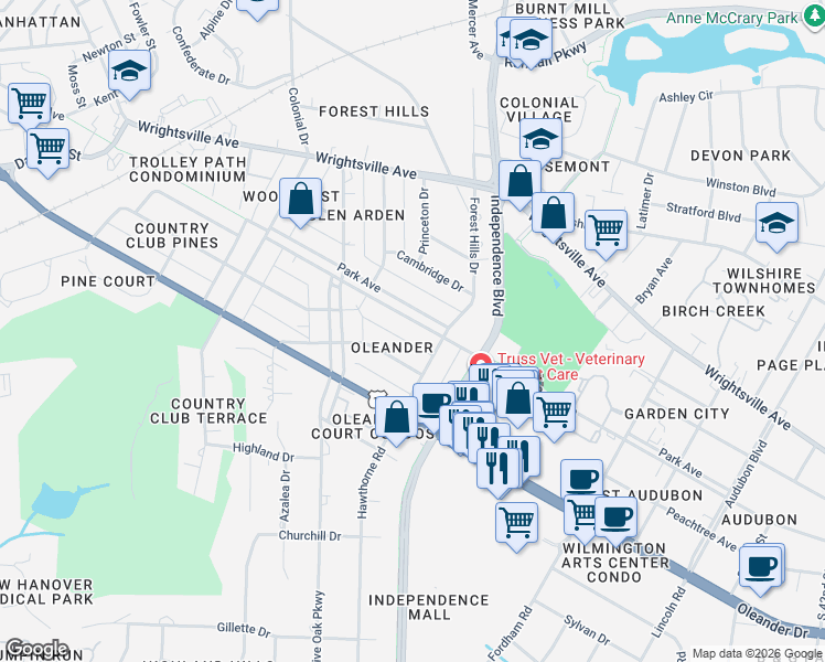 map of restaurants, bars, coffee shops, grocery stores, and more near 2902 Park Avenue in Wilmington