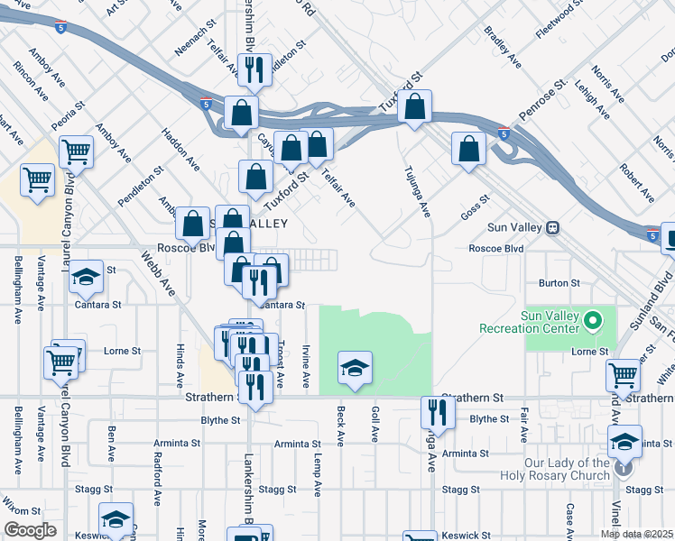 map of restaurants, bars, coffee shops, grocery stores, and more near 11473 Penrose St in Los Angeles