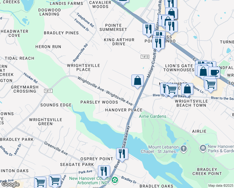 map of restaurants, bars, coffee shops, grocery stores, and more near 6279 Wrightsville Avenue in Wilmington