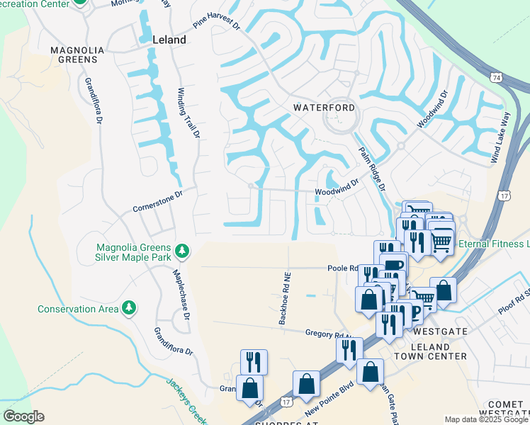 map of restaurants, bars, coffee shops, grocery stores, and more near 1016 Ginger Lily Way in Leland
