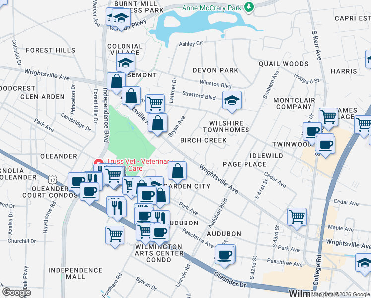 map of restaurants, bars, coffee shops, grocery stores, and more near 3715 Wrightsville Avenue in Wilmington