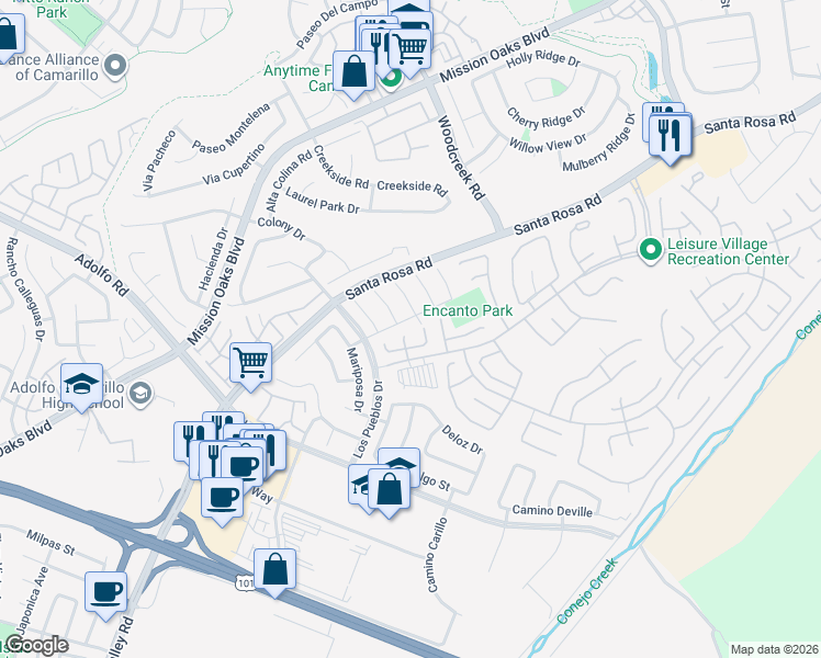 map of restaurants, bars, coffee shops, grocery stores, and more near 1208 Village 1 in Camarillo