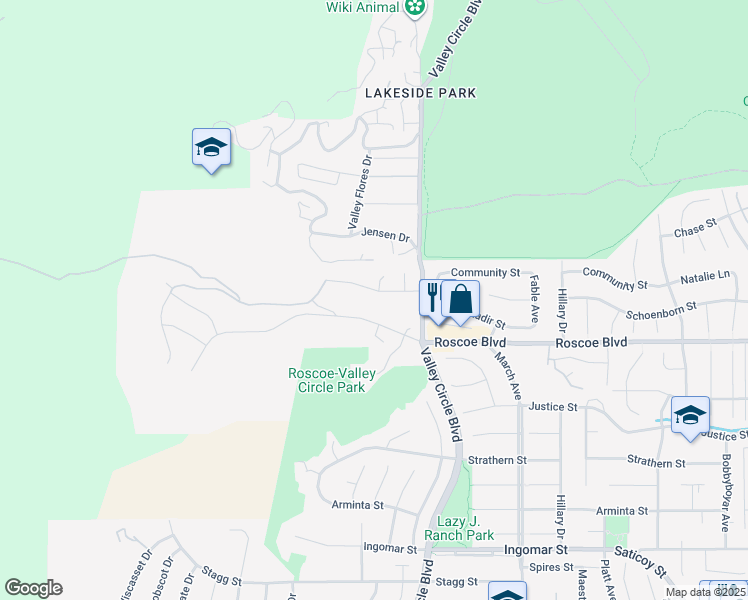 map of restaurants, bars, coffee shops, grocery stores, and more near 23942 Schoenborn Street in Los Angeles