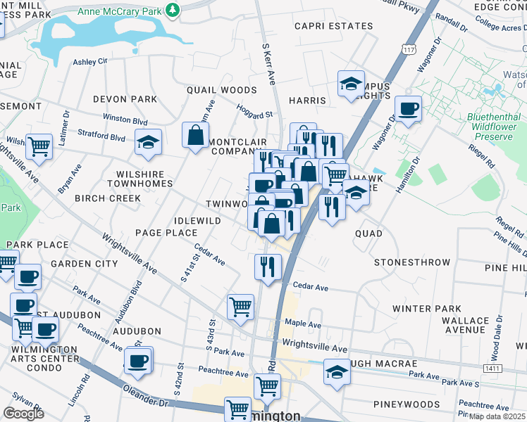 map of restaurants, bars, coffee shops, grocery stores, and more near 803 Varsity Drive in Wilmington