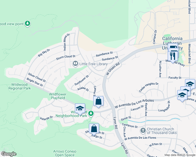 map of restaurants, bars, coffee shops, grocery stores, and more near 457 Phlox Court in Thousand Oaks