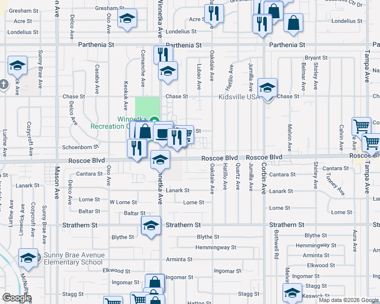 map of restaurants, bars, coffee shops, grocery stores, and more near 19951 Roscoe Boulevard in Los Angeles
