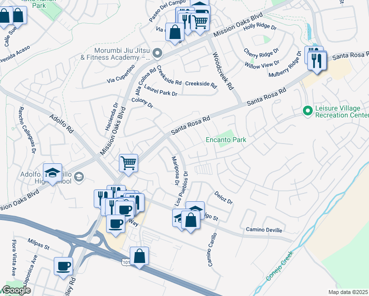map of restaurants, bars, coffee shops, grocery stores, and more near 337 Nueve Court in Camarillo