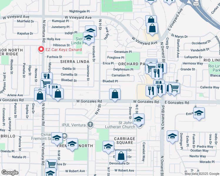 map of restaurants, bars, coffee shops, grocery stores, and more near 711 Aster Street in Oxnard