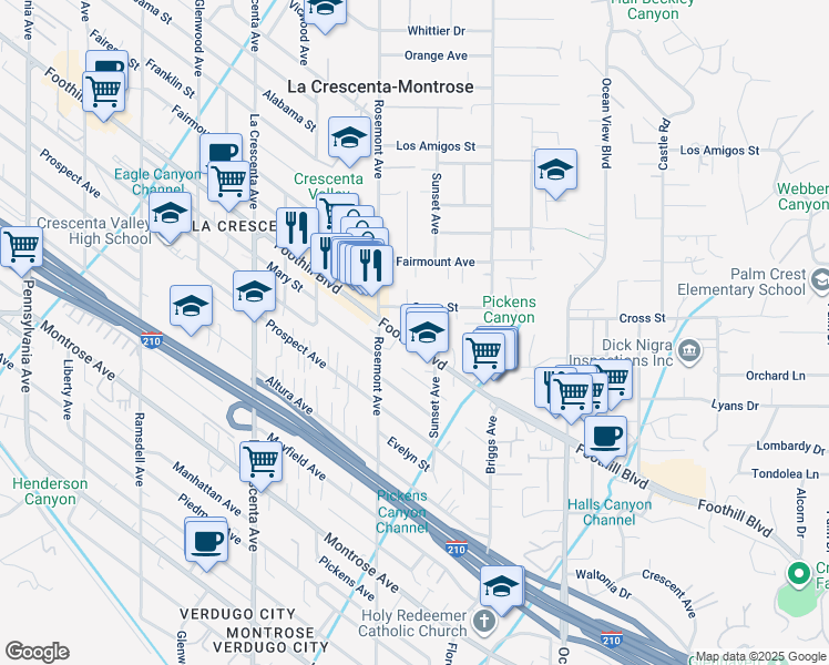 map of restaurants, bars, coffee shops, grocery stores, and more near 2529 Foothill Boulevard in La Crescenta-Montrose