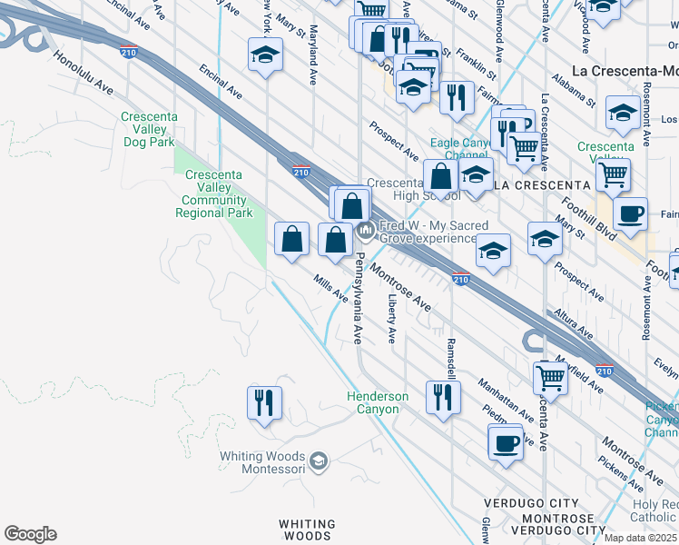 map of restaurants, bars, coffee shops, grocery stores, and more near 3218 Honolulu Avenue in Glendale