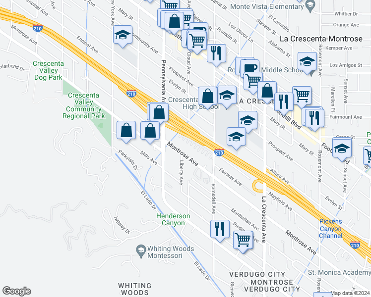 map of restaurants, bars, coffee shops, grocery stores, and more near 3115 Montrose Avenue in Glendale