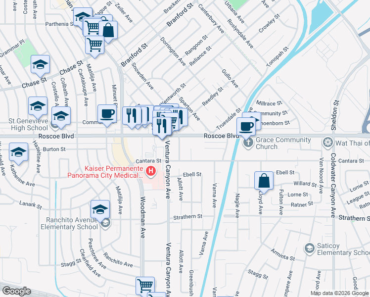 map of restaurants, bars, coffee shops, grocery stores, and more near 8230 Allott Avenue in Los Angeles