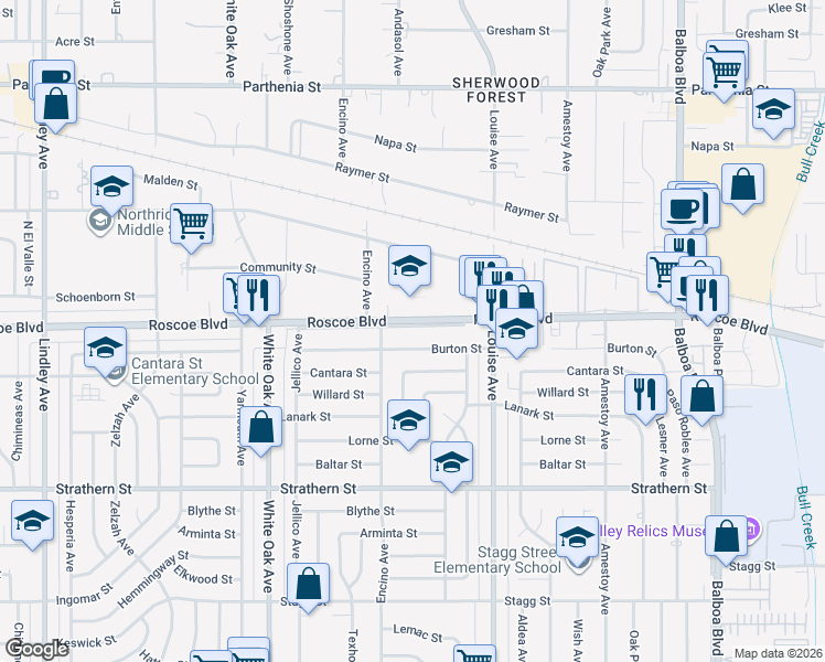 map of restaurants, bars, coffee shops, grocery stores, and more near 17428 Roscoe Boulevard in Los Angeles