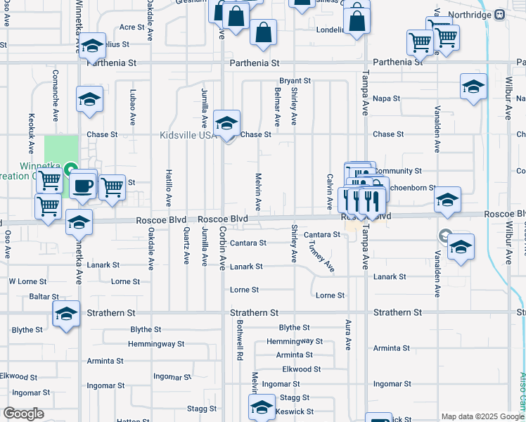 map of restaurants, bars, coffee shops, grocery stores, and more near 19553 Roscoe Boulevard in Los Angeles