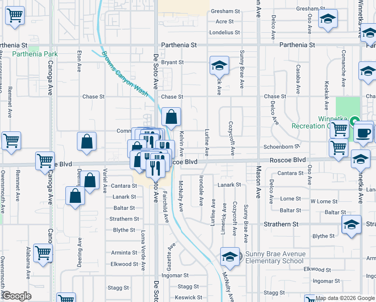 map of restaurants, bars, coffee shops, grocery stores, and more near 8330 McCue Court in Los Angeles