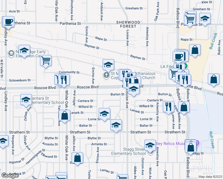 map of restaurants, bars, coffee shops, grocery stores, and more near 17388 Roscoe Boulevard in Los Angeles