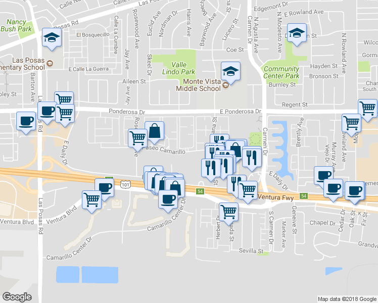 map of restaurants, bars, coffee shops, grocery stores, and more near 909 Paseo Camarillo in Camarillo