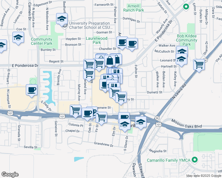 map of restaurants, bars, coffee shops, grocery stores, and more near 2180 Pickwick Drive in Camarillo
