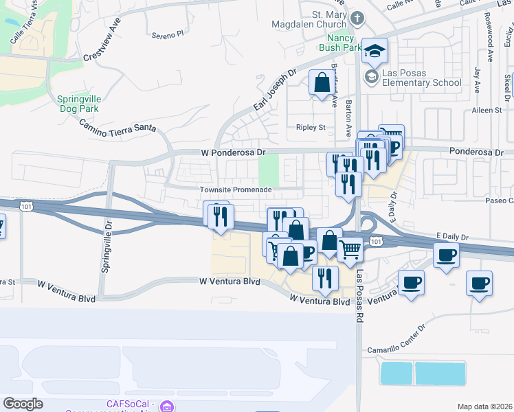 map of restaurants, bars, coffee shops, grocery stores, and more near 375 Calistoga Road in Camarillo