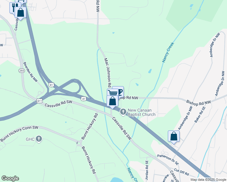 map of restaurants, bars, coffee shops, grocery stores, and more near 46 Mac Johnson Road Northwest in Cartersville