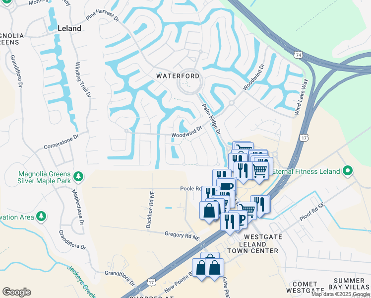 map of restaurants, bars, coffee shops, grocery stores, and more near 1052 Golden Sands Way in Leland