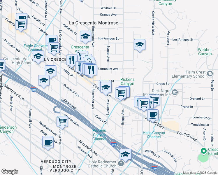 map of restaurants, bars, coffee shops, grocery stores, and more near 2501 Foothill Boulevard in La Crescenta-Montrose