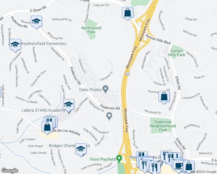 map of restaurants, bars, coffee shops, grocery stores, and more near 3036 Ash Court in Thousand Oaks