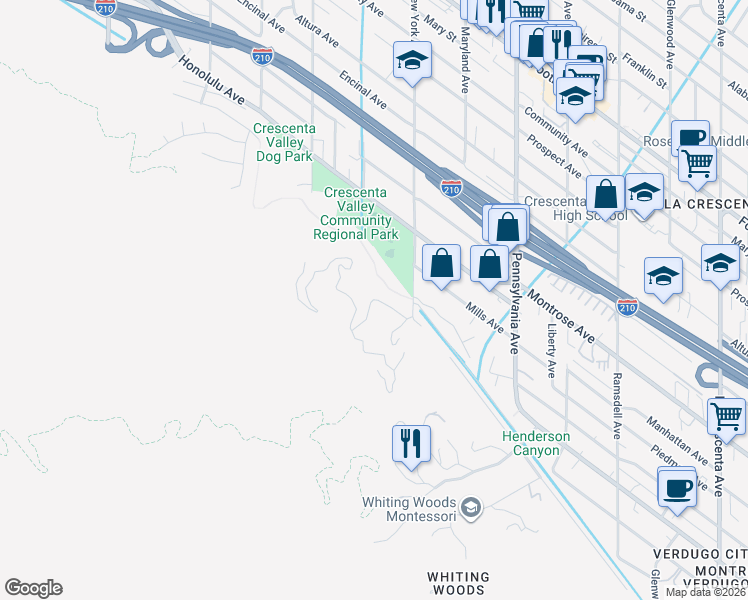 map of restaurants, bars, coffee shops, grocery stores, and more near 0 Mountain Oaks Park in Glendale