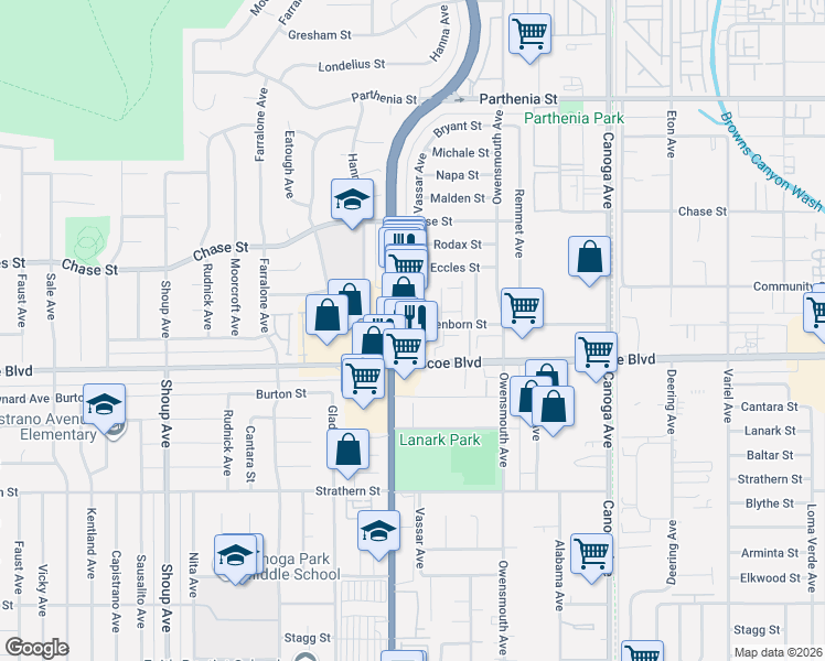 map of restaurants, bars, coffee shops, grocery stores, and more near 21922 Schoenborn Street in Los Angeles