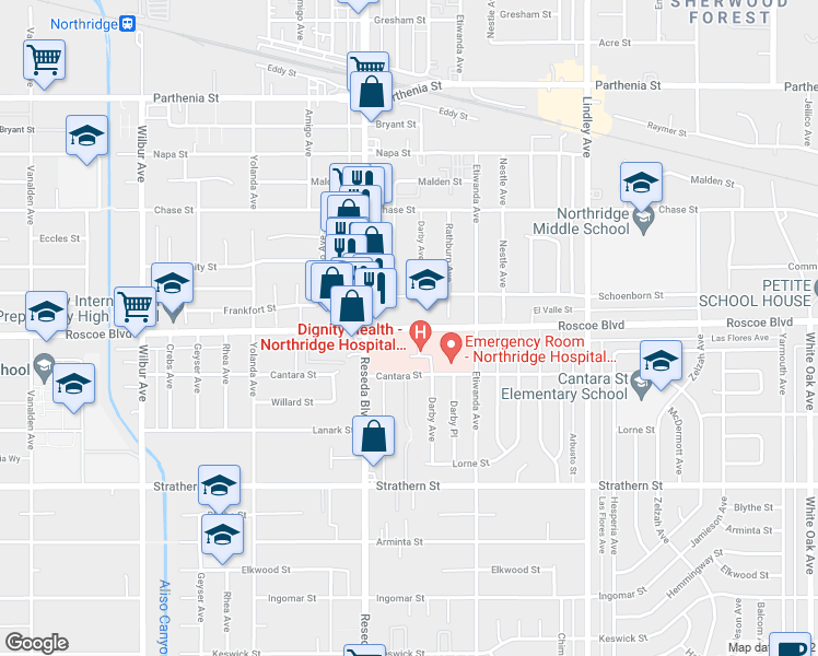 map of restaurants, bars, coffee shops, grocery stores, and more near 18406 Roscoe Boulevard in Los Angeles