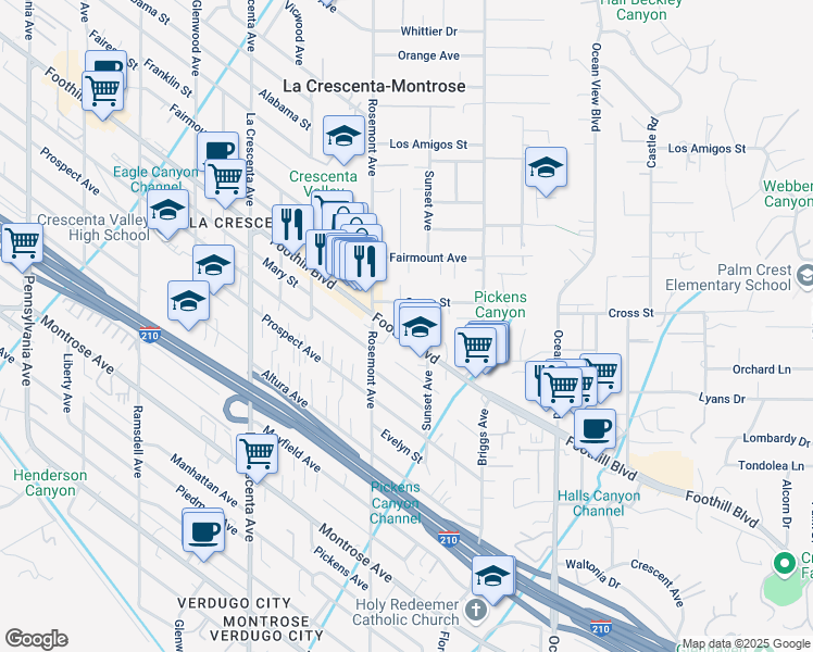 map of restaurants, bars, coffee shops, grocery stores, and more near in La Crescenta-Montrose