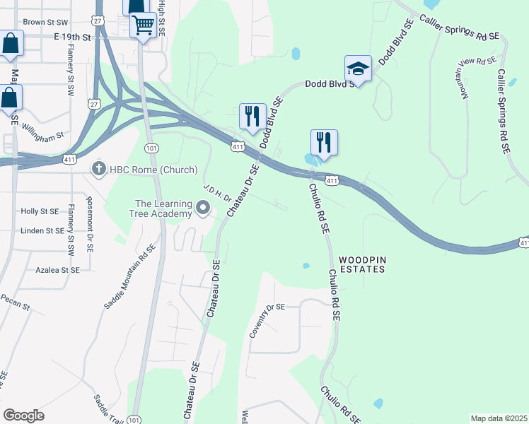 map of restaurants, bars, coffee shops, grocery stores, and more near 21 Chateau Drive Southeast in Rome