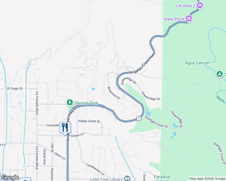 map of restaurants, bars, coffee shops, grocery stores, and more near 5766 Briartree Drive in La Cañada Flintridge