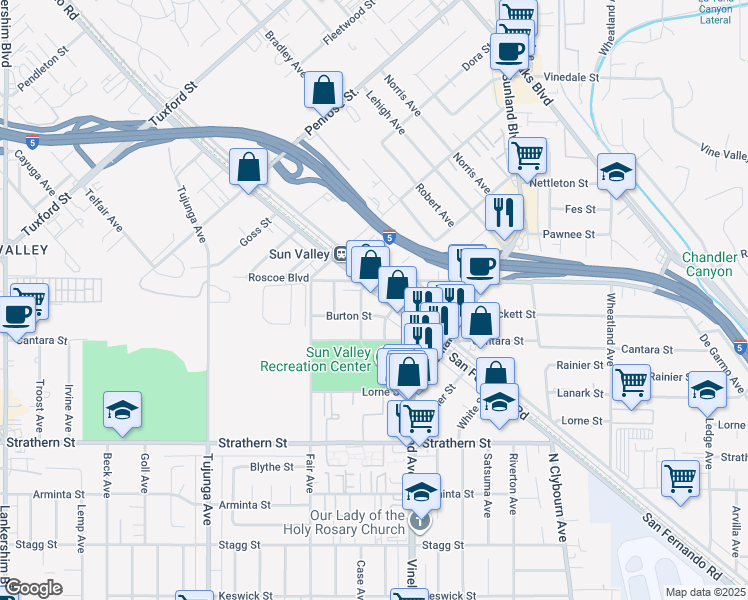 map of restaurants, bars, coffee shops, grocery stores, and more near 8307 San Fernando Road in Los Angeles