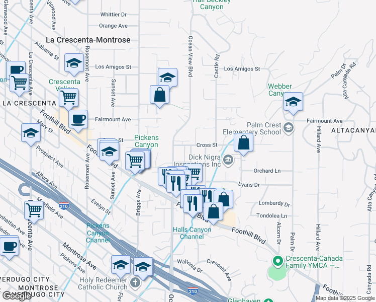 map of restaurants, bars, coffee shops, grocery stores, and more near 4723 Rockland Place in La Cañada Flintridge
