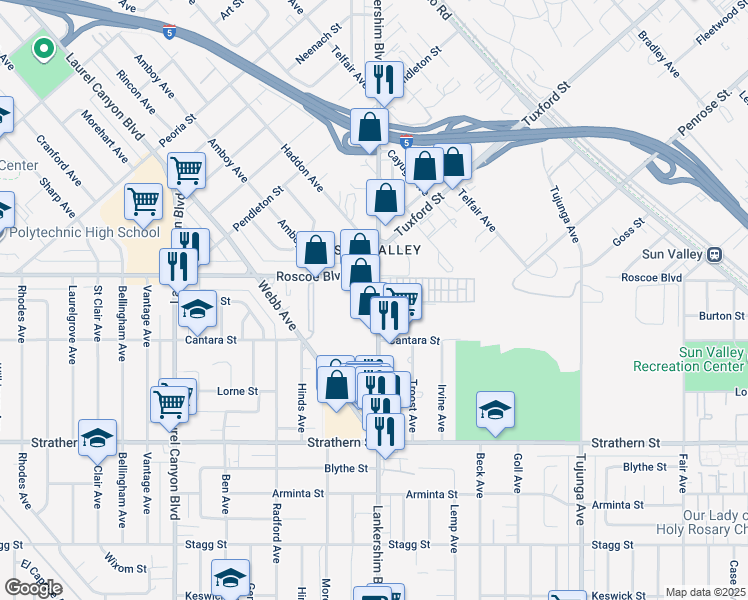map of restaurants, bars, coffee shops, grocery stores, and more near 8250 Lankershim Boulevard in Los Angeles