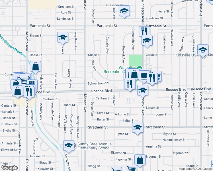 map of restaurants, bars, coffee shops, grocery stores, and more near 20340 Schoenborn Street in Los Angeles