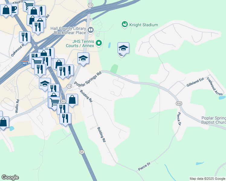 map of restaurants, bars, coffee shops, grocery stores, and more near 3712 Abbey Way in Gainesville