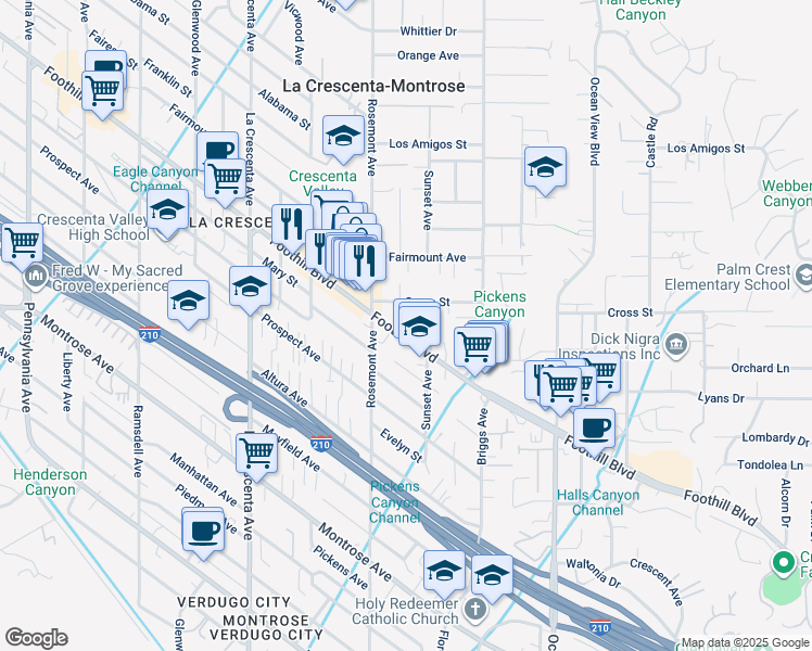 map of restaurants, bars, coffee shops, grocery stores, and more near 2529 Foothill Boulevard in La Crescenta-Montrose