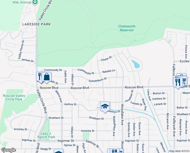 map of restaurants, bars, coffee shops, grocery stores, and more near 23416 Community Street in Los Angeles