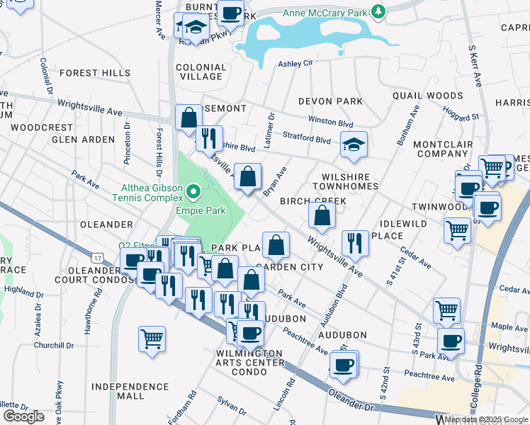 map of restaurants, bars, coffee shops, grocery stores, and more near 3614 Wrightsville Avenue in Wilmington