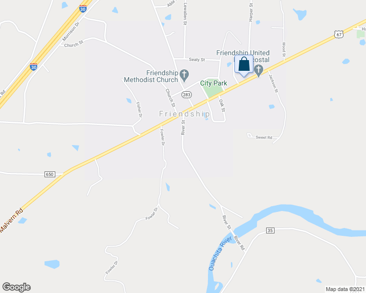 map of restaurants, bars, coffee shops, grocery stores, and more near 190 River Street in Arkadelphia