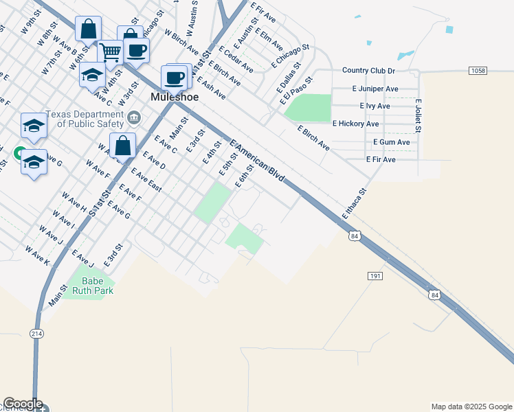 map of restaurants, bars, coffee shops, grocery stores, and more near 100-398 East 7th Street in Muleshoe