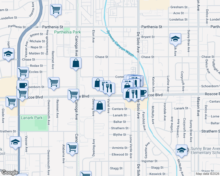 map of restaurants, bars, coffee shops, grocery stores, and more near 8343 Variel Avenue in Los Angeles