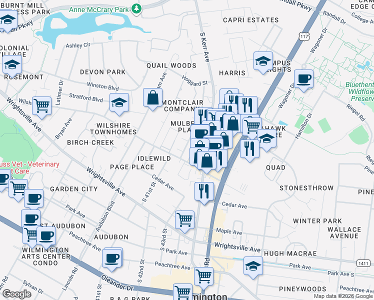 map of restaurants, bars, coffee shops, grocery stores, and more near 803 Varsity Drive in Wilmington