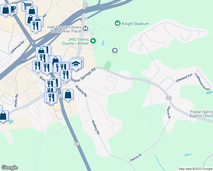 map of restaurants, bars, coffee shops, grocery stores, and more near 3712 Abbey Way in Gainesville