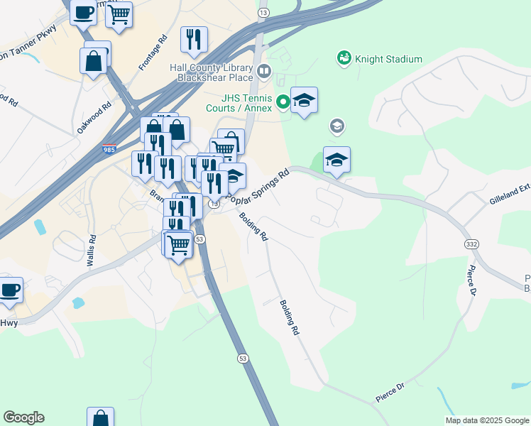 map of restaurants, bars, coffee shops, grocery stores, and more near 3220 Poplar Springs Road in Gainesville