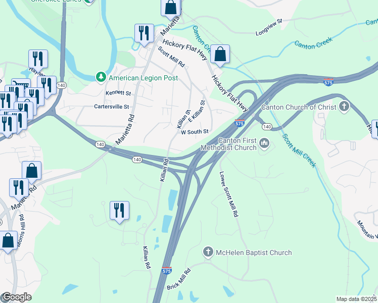 map of restaurants, bars, coffee shops, grocery stores, and more near 6300 Village Court in Canton