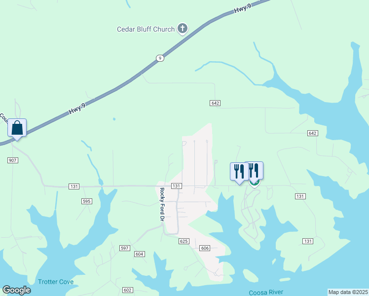 map of restaurants, bars, coffee shops, grocery stores, and more near 4885 Lakeplace Road in Cedar Bluff