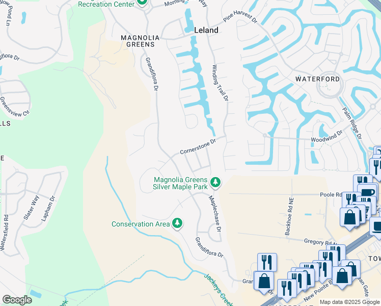 map of restaurants, bars, coffee shops, grocery stores, and more near 2006 Cornerstone Drive in Leland
